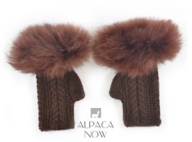 Alpaca Cable Fingerless Gloves with Fur