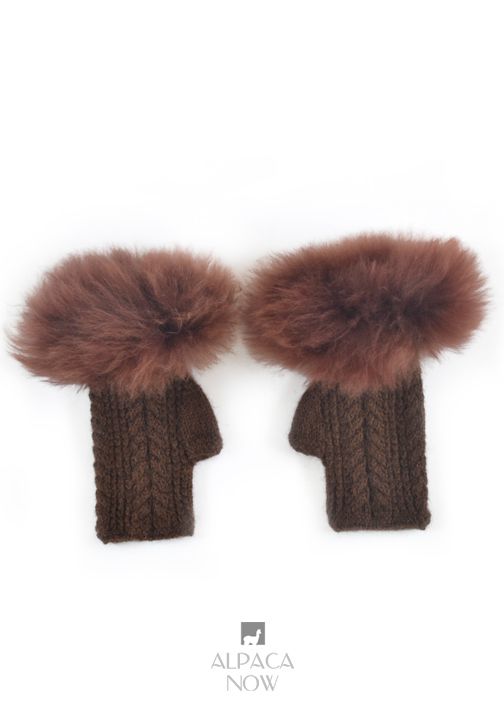 Alpaca Cable Fingerless Gloves with Fur
